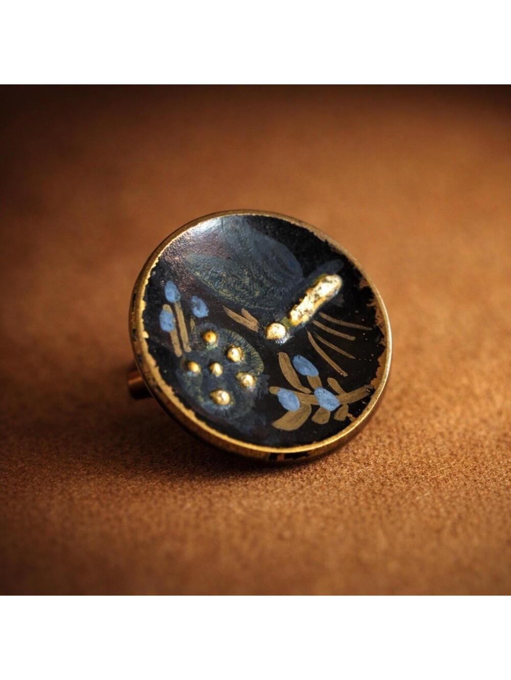 Vintage Black Glass Button Hand Painted Floral Gold Gilt Shank Antique Dragonfly